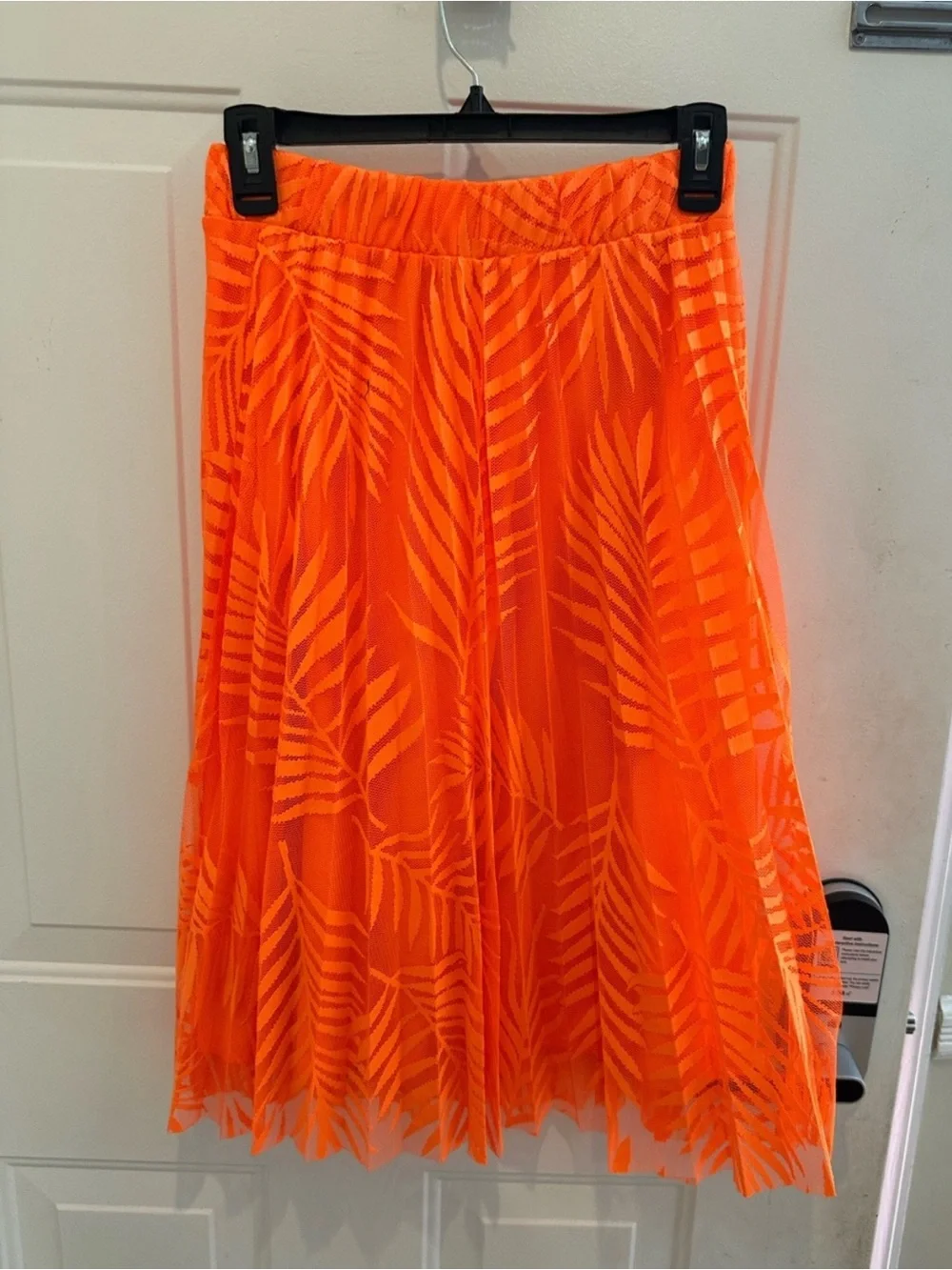 Vibrant Orange Leaf-Print Pleated Skirt